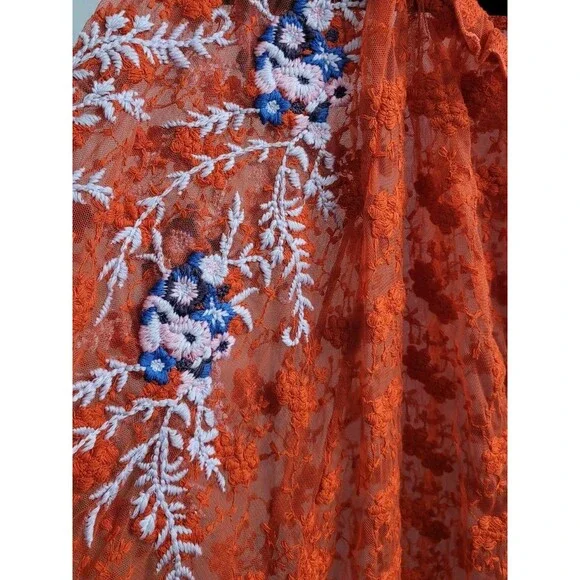 Free People Jubilee Embroidered Lace Boho Sheer Blouse Top Red Sz Small OB754354 - Picture 9 of 15